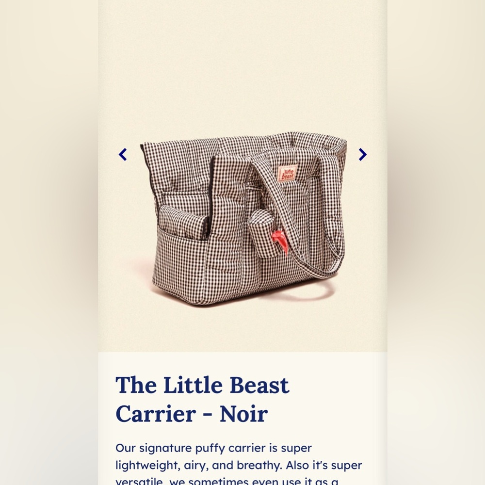 Little beast dog carrier in gingham brand new never used